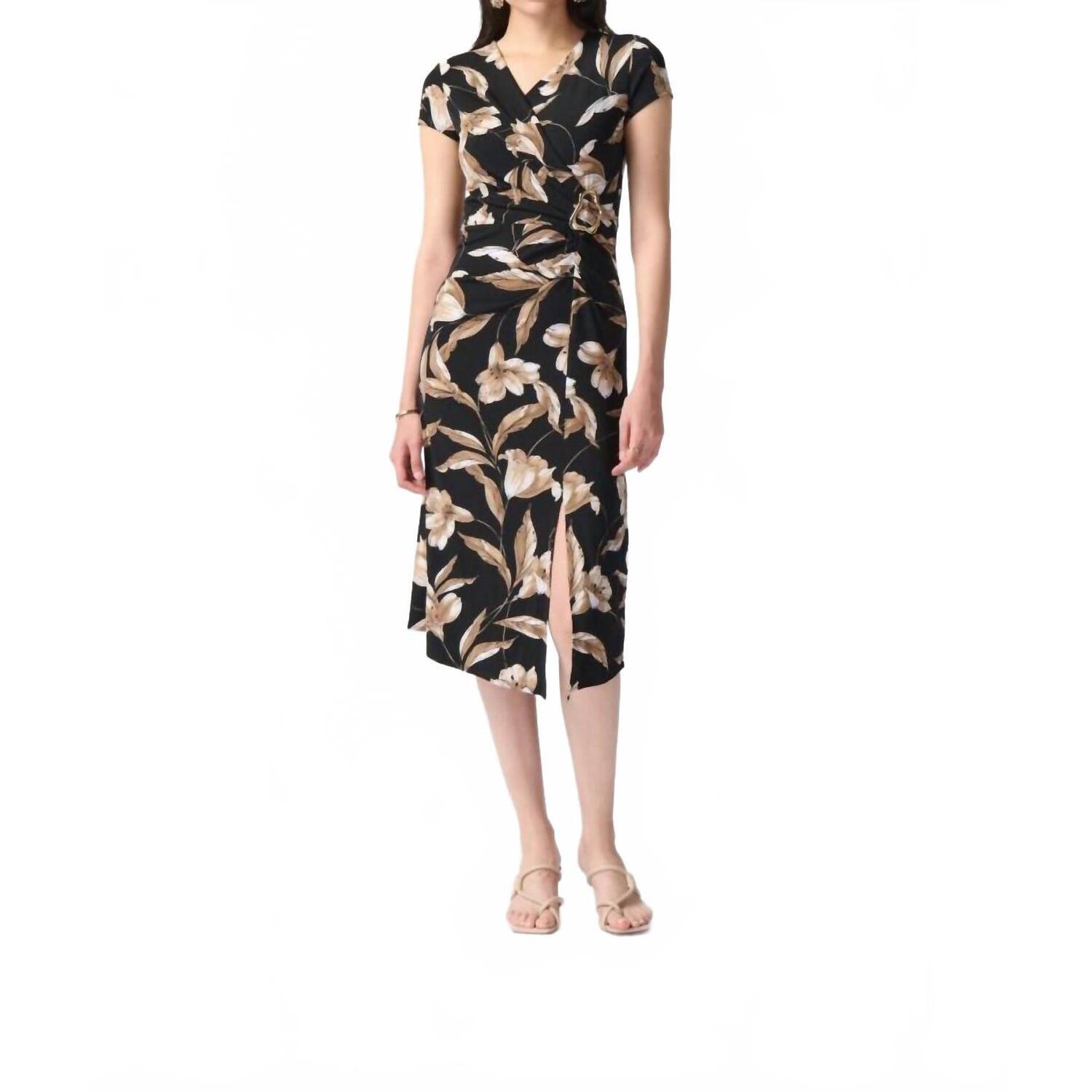 New Joseph Ribkoff Faux Wrap Midi A-Line Dress In Black/Multi Floral Print